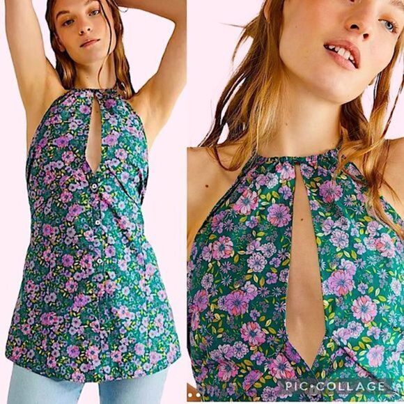 Free People Lyla Halter Tunic in Green Balsam Combo size M - Picture 1 of 7